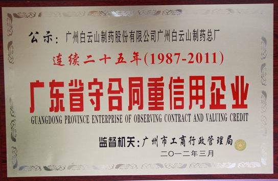 广州白云制药总厂荣获“一连25年广东省守条约重信用企业”称呼-最新动态-J9国际站